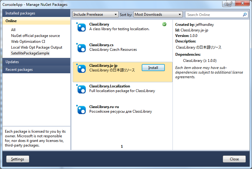 Package manager dialog with localized pacakges