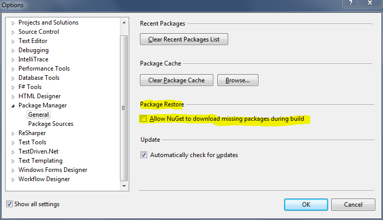 Package manager configuration dialog
