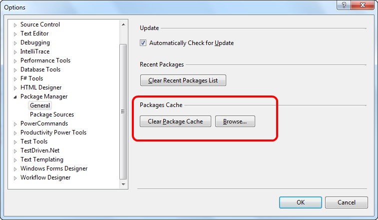 NuGet Options Dialog with Package Cache Settings
