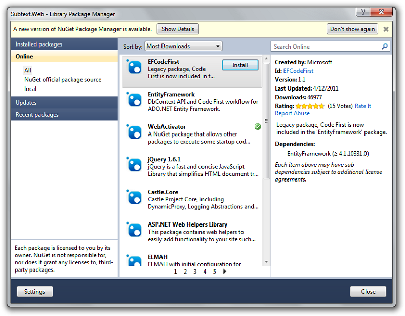 Manage NuGet Packages dialog with new version available