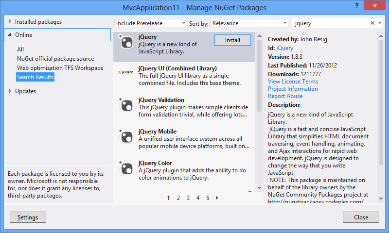 Pre-populated NuGet Package Manager Dialog