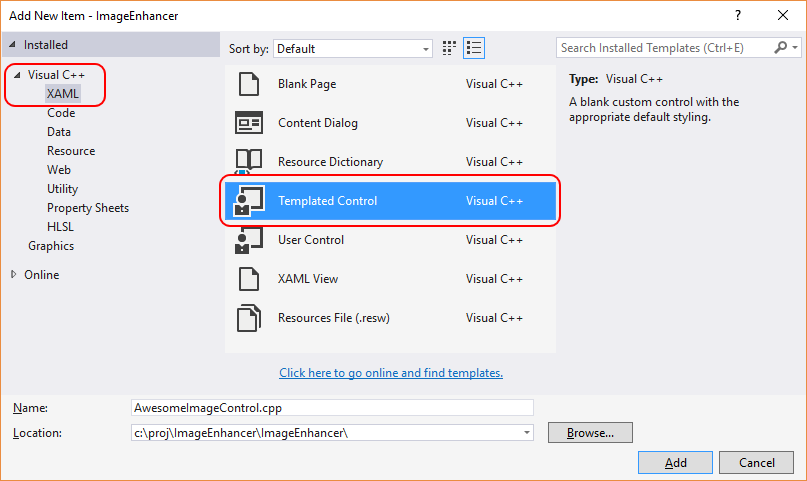 Adding a new XAML Templated Control item to the project