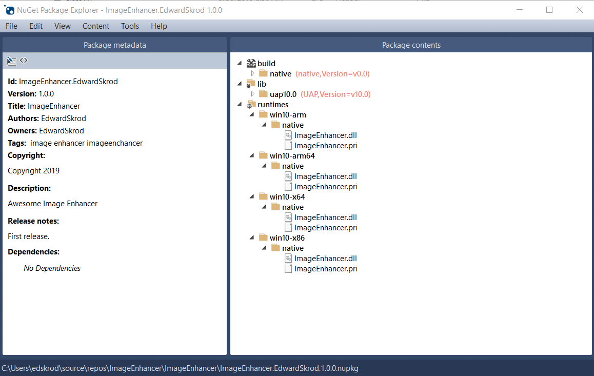 NuGet Package Explorer showing the ImageEnhancer package